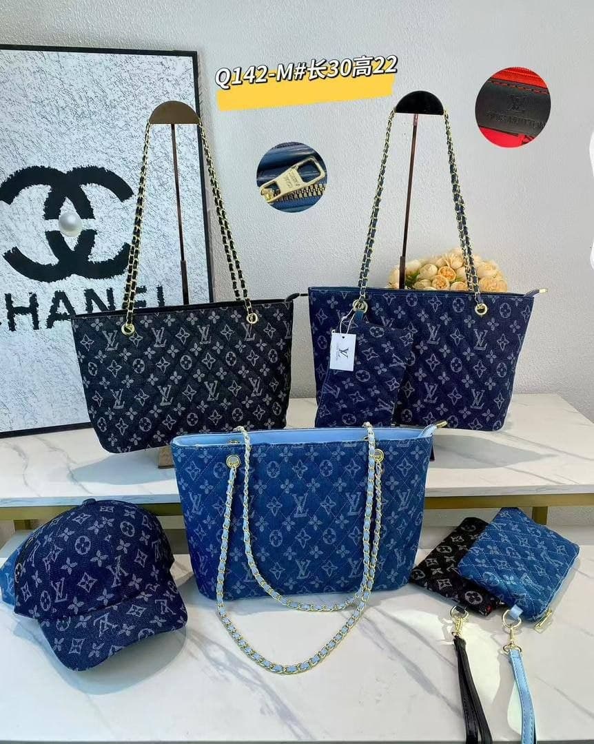 3in1 LV Denim Tote Bag Set (Bag, Cap & Purse)